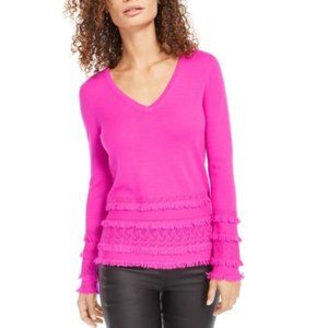 Trina Turk Merino Wool Pointelle Fringe-Trim Sweat